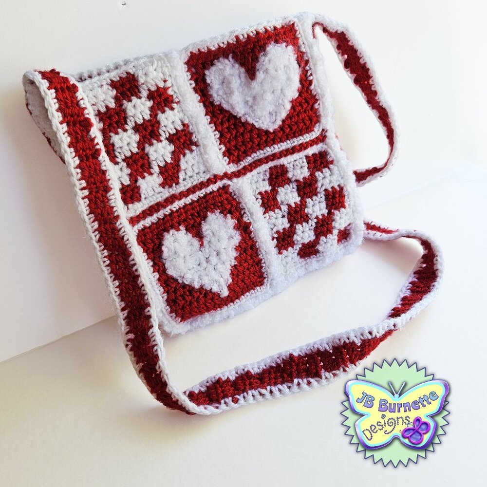 Homemade Crochet Hearts and Checks Crossbody Bag, Cute Purse